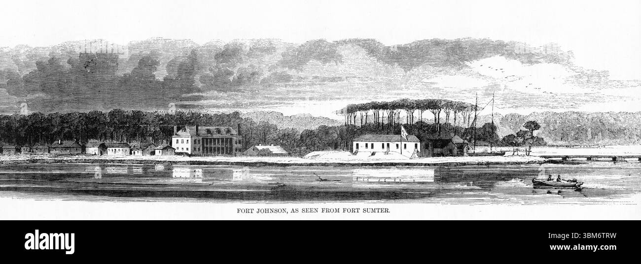 Gravur von Fort Johnson aus Fort Sumter während des Amerikanischen Bürgerkriegs Stockfoto
