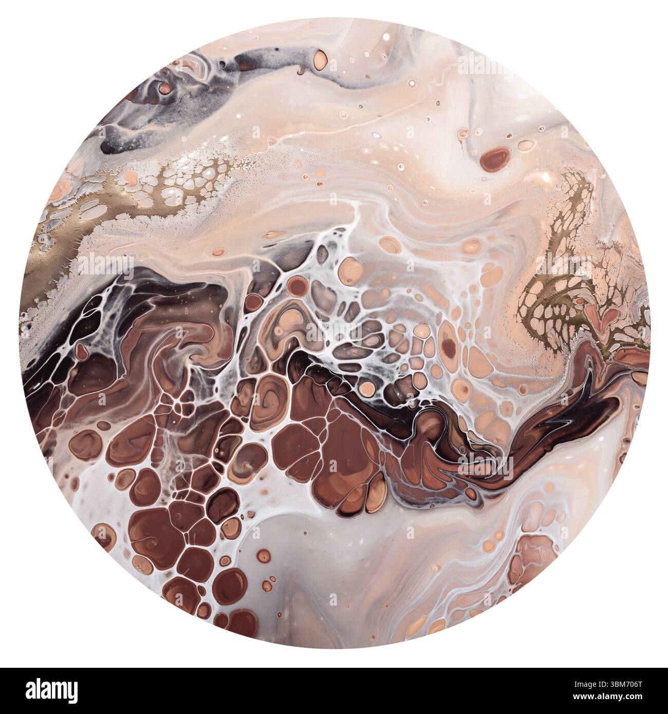 Abstrakte Blasen und Wellen in neutralen Farben. Acryl Fluid Art. Art Deco Marmor Runde isolierte Textur Stockfoto