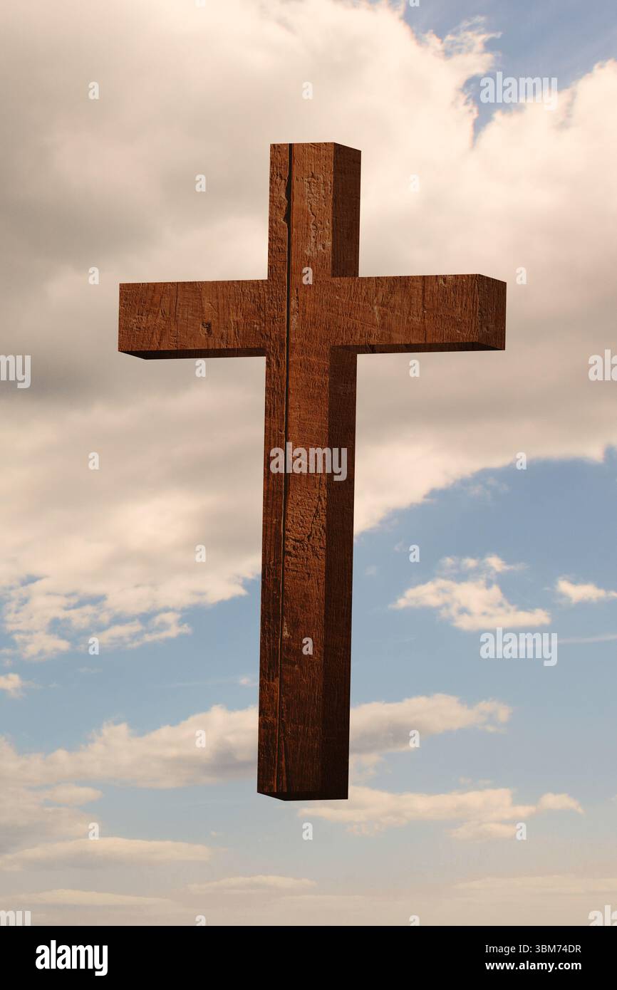 Holzkreuz steht in der flachen Vektorillustration mit verwitterter Textur und bewölktem Himmel Stockfoto