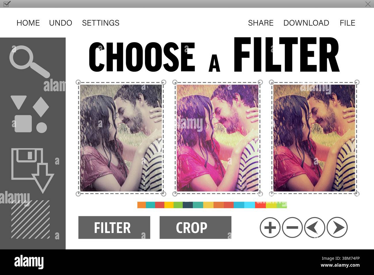 Anzeige einer flachen Oberfläche auf transparentem Hintergrund mit 3 Filtervorschauen, Paare, die sich im Regen umarmen Stockfoto