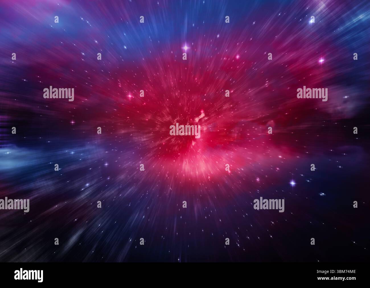 Zentraler rot-rosa Nebel, der im Vektorraum leuchtet, sendet violette Streifen, die Sterne verstreuen Stockfoto