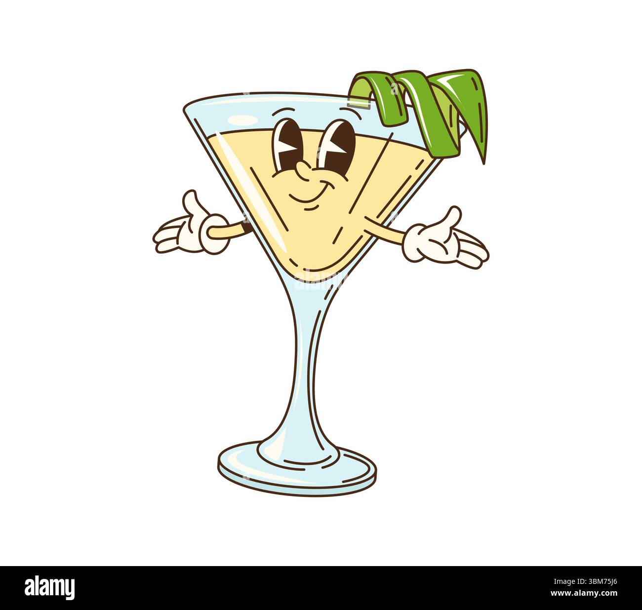 Grooviger Daiquiri Cocktailglas süßer Charakter. Tropisches Cocktailglas mit Zitrussaft, Limette Zitronenschale Spirale isolierte Vektorfigur. Daiquiri Cocktail, Bar Alkohol Drink grooviger Charakter Stock Vektor