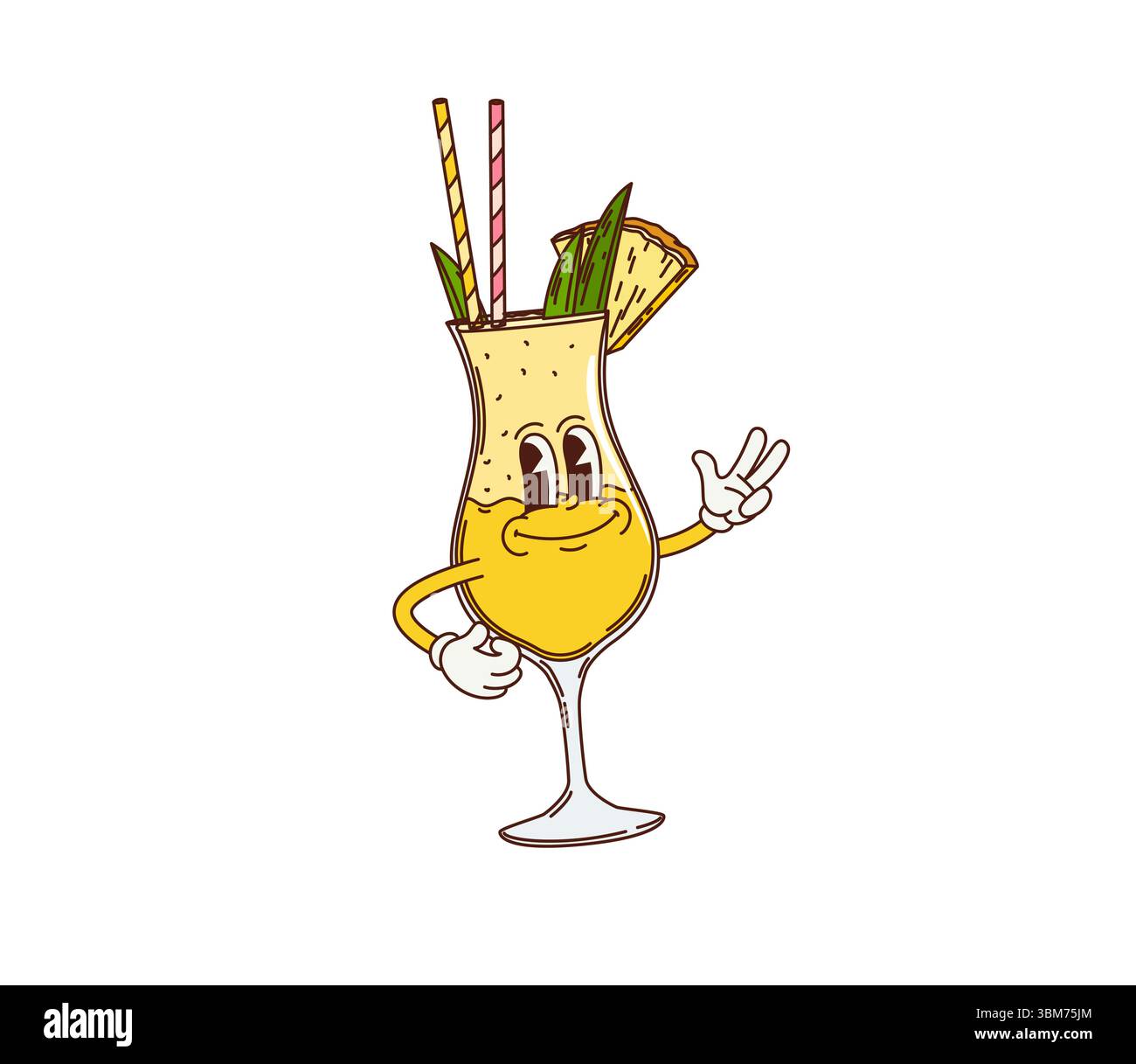 Cartoon-Retro-groovige Pina-Colada-Cocktailfigur. Alkoholgetränk, Sommer-Kaltgetränk Vektor 60s lustige Persönlichkeit. Tropisches Cocktailglas mit Ananas- und Papierstroh-Retro-Charakter Stock Vektor