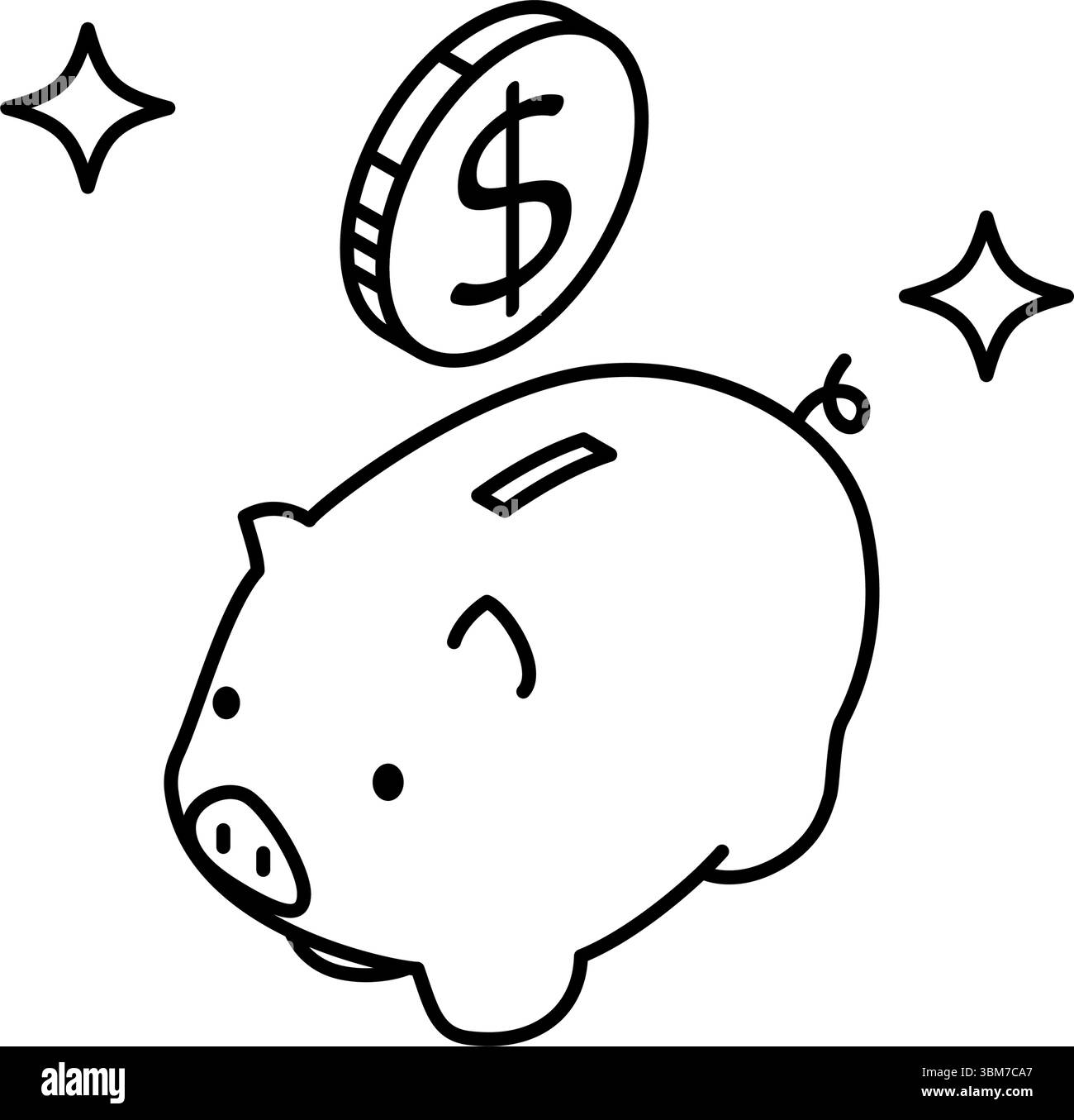 Sparkasse und Dollarmünze einfache Linienzeichnung Symbol, isometrische Illustration des Sparens und der persönlichen Finanzen, Schwarzweiß, Vektor-Illustration Stock Vektor