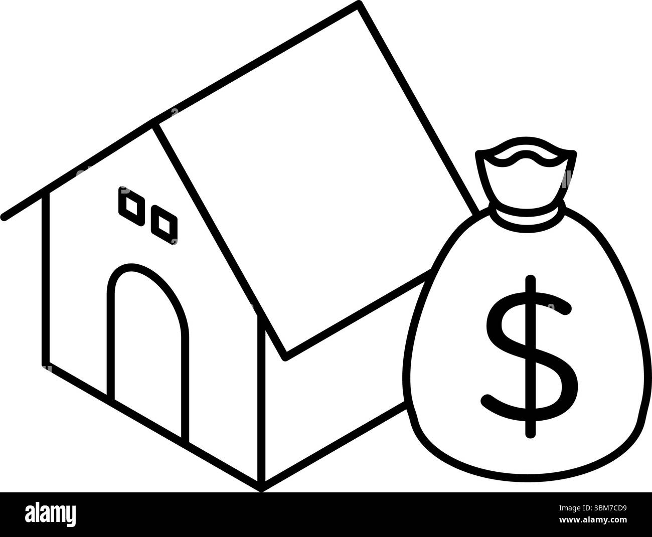 Haus- und Geldbeutel mit Hypotheken einfache Linienzeichnung Symbol, isometrische Illustration von Wohnungsdarlehen und -Finanzierung, schwarz-weiß, Vector Illustratio Stock Vektor