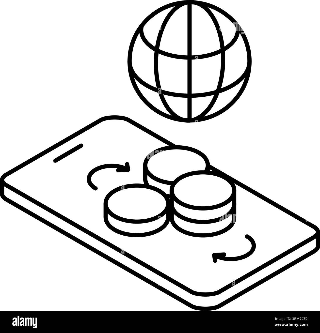 Smartphone-App für Fremdwährungstransfers einfaches Zeichnungssymbol, isometrische Darstellung der internationalen Finanzen, Schwarzweiß, Vektor-Illustration Stock Vektor