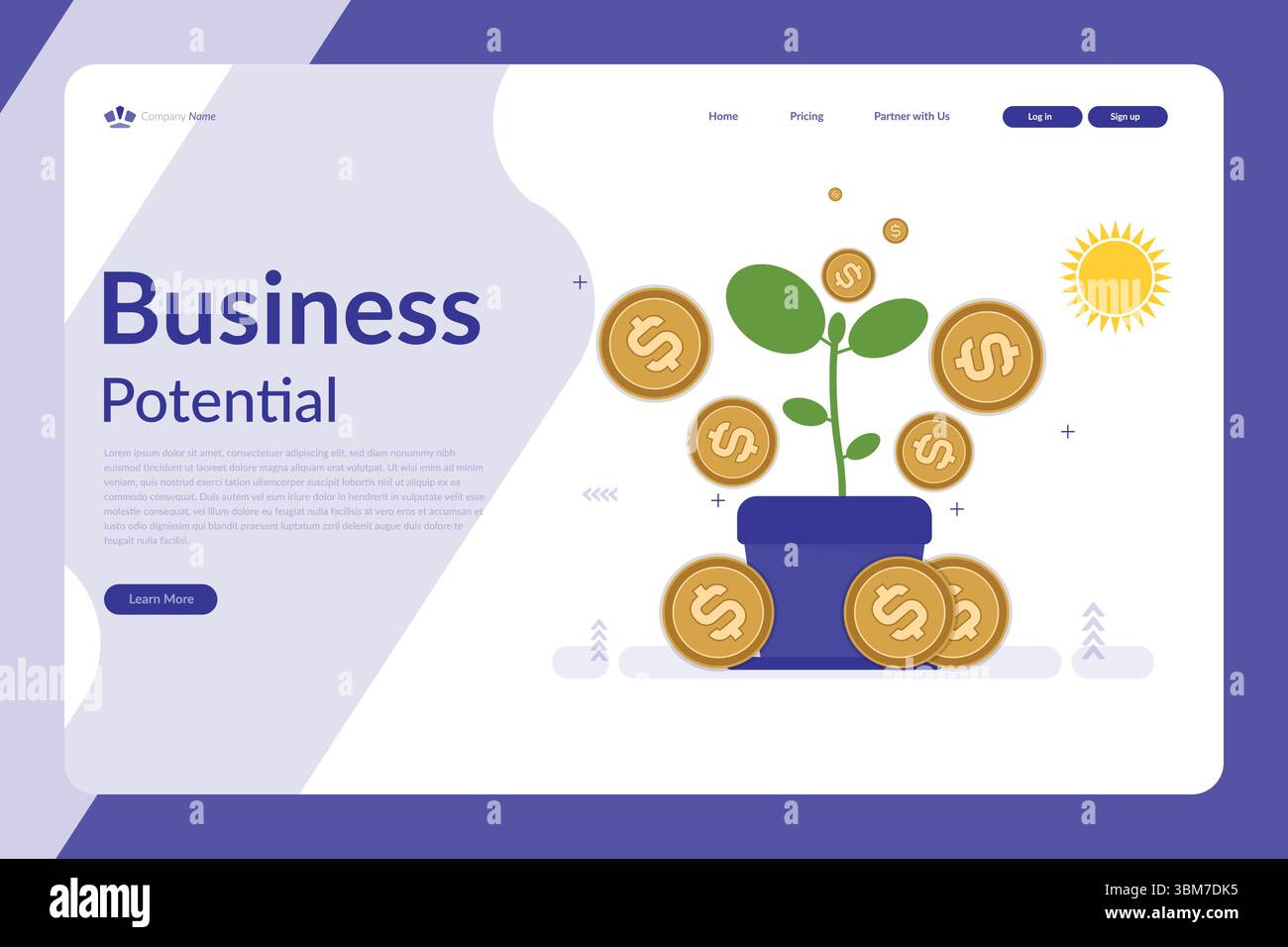Vektor-Illustration einer Webseite für Geschäftspotenzial mit Topfpflanze, Dollarmünzen, Sonnensymbol und blau-weißem Layout mit goldenen Akzenten Stock Vektor