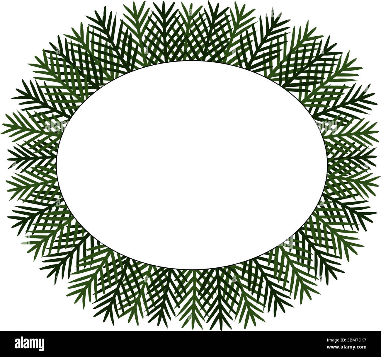 Fichtenkranz Kiefernzweig oval Rahmenschablone. Abbildung der grafischen Vektorfarbe. Silhouettenzeichen für Logo, Druck, Comics, Mode, Pop Art, b Stock Vektor