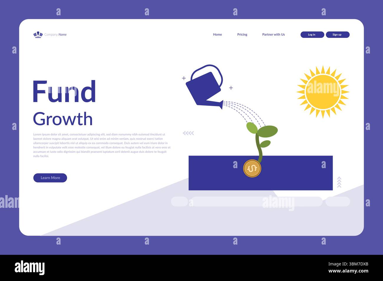 Vektorillustration eines Website-Layouts, das das Fondswachstum mit einer Gießkanne, einer Pflanze auf Münze und modernen Navigationselementen zeigt Stock Vektor