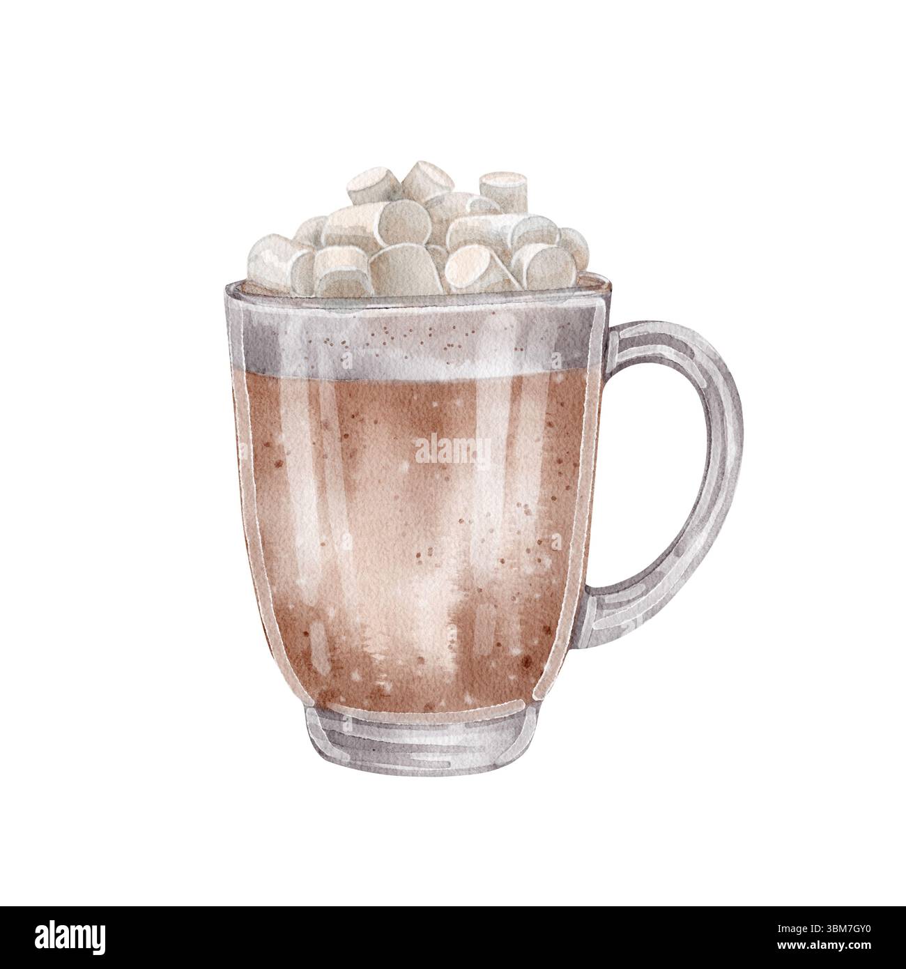 Tasse Kakao mit Marshmallows, Zeichnung im digitalen Aquarellstil. Ideal für Wintermotive, Weihnachtskarten, saisonale Dekoration, Cafés und gemütliche Verpackungen. Stockfoto