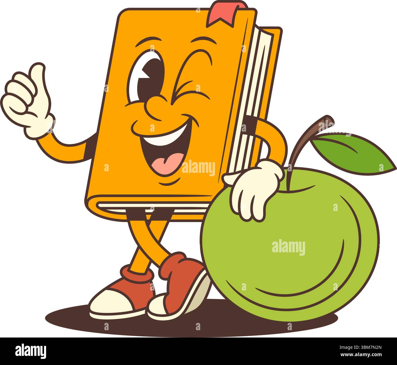 Glückliches oranges Comic-Buch-Maskottchen, das blinkend und Daumen nach oben zeigt, während er sich auf einen großen grünen Apfel lehnt, der Wissen und Gesundheit symbolisiert. Ideal für den Unterricht Stock Vektor
