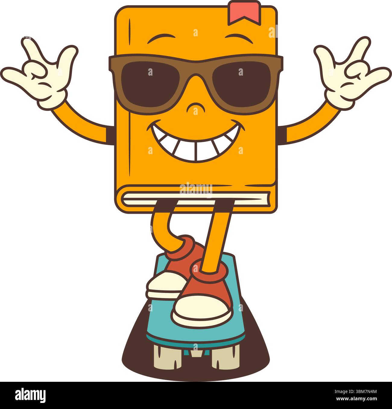 Selbstbewusste Cartoon-Figur in Sonnenbrille fährt Skateboard mit ausdrucksstarker ILY-Geste, die Energie, Stil, Freude und Lerngeist vermittelt. Idee Stock Vektor