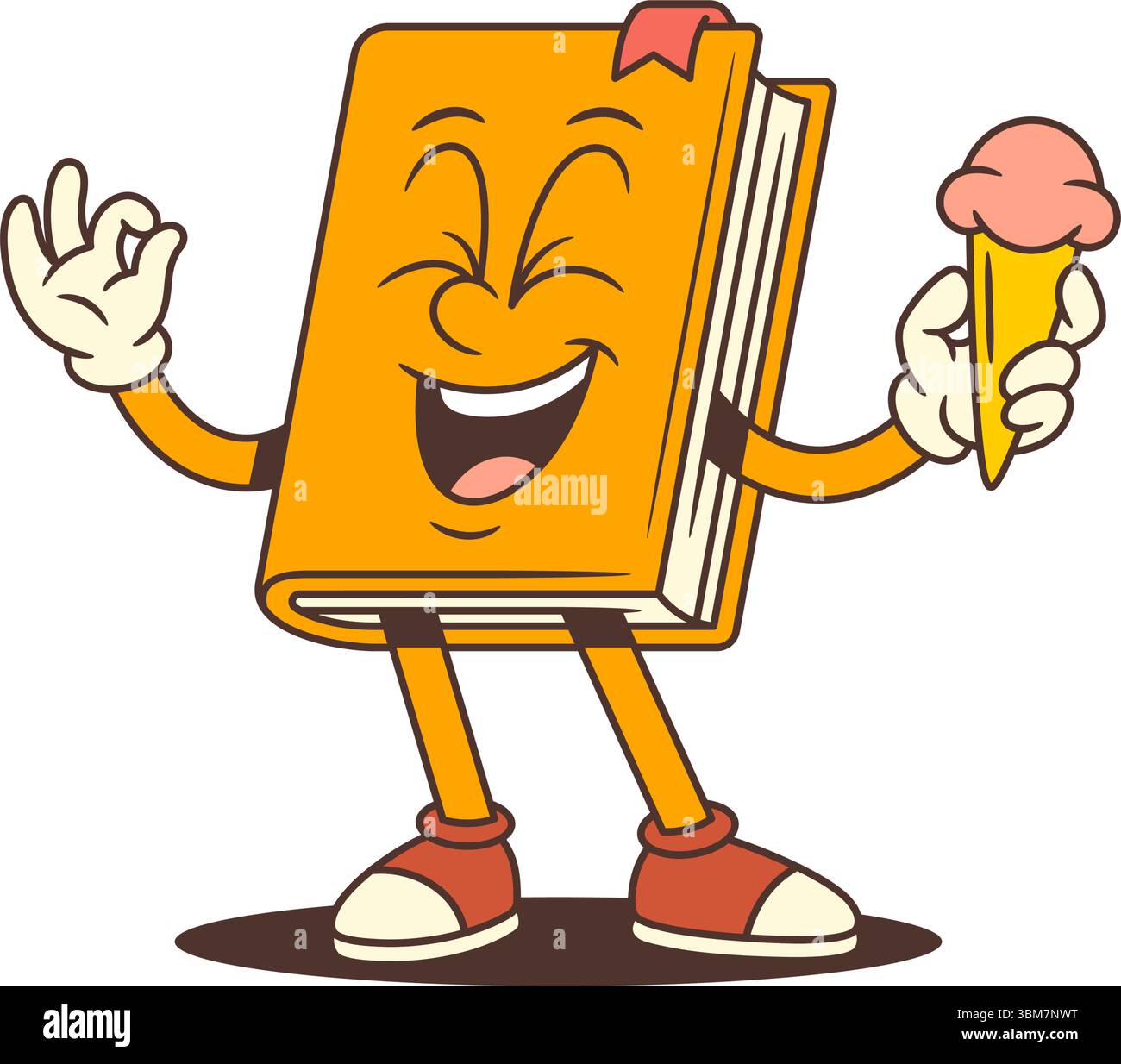 Orangefarbenes Maskottchen aus Zeichentrickbuch lacht mit geschlossenen Augen, hält eine Eiskegel und zeigt eine positive OK-Geste. Perfekt für unterhaltsame Lernspaß Stock Vektor