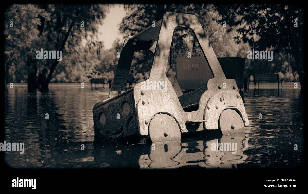 Ein altes Fahrzeug steht teilweise unter Wasser in einem überfluteten Park. Hochwertige Fotos Stockfoto