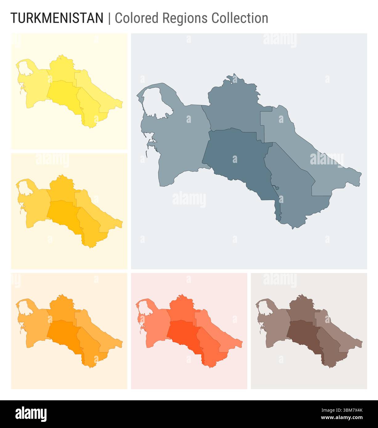Kartensammlung Turkmenistan. Länderform mit farbigen Regionen. Blaugrau, Gelb, Bernstein, Orange, Deep Orange, braune Farbpaletten. Stock Vektor