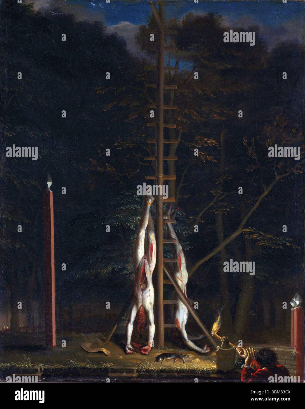 Die Leichen der Brüder de Witt ist ein Gemälde des niederländischen Goldenen Zeitalters Jan de Baen, das sich heute im Rijksmuseum in Amsterdam befindet, um 1672–75. Es zeigt die toten und verstümmelten Leichen der Brüder Johan und Cornelis de Witt, die kopfüber an der Groene Zoodje hängen, dem Ort der Hinrichtung vor dem Gevangenpoort in den Haag. Stockfoto