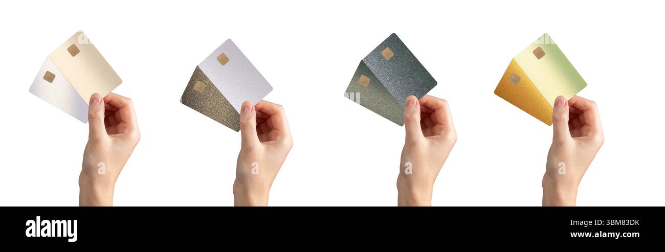Bankkarte in der Hand, mit zwei verschiedenen Optionen für Debit- oder Kreditkarte mit Chip. Bietet eine Auswahl für Online-Zahlungen und -Einkäufe, für f Stockfoto