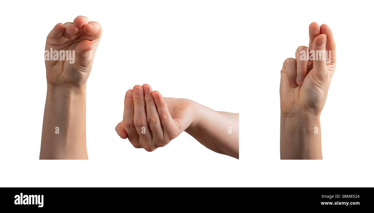 Handgeste mit Fingern, die ein religiöses Zeichen bilden, das die Heilige Dreifaltigkeit symbolisiert. Die Handfläche der Frau in einer heiligen Haltung, Index, Mitte und Daumen pi Stockfoto