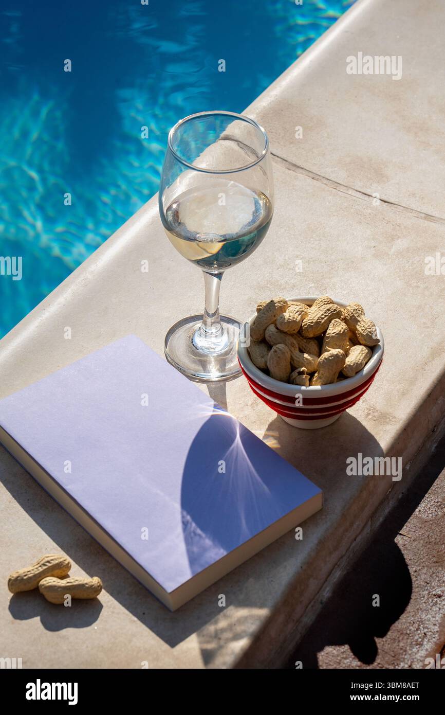 Ein vertikales Buchmockup mit einem leeren Umschlag, einem Glas Wein und Erdnüssen am Pool. Perfekt zum Lesen von Konzepten und Geschichten aus sozialen Medien im Sommer Stockfoto