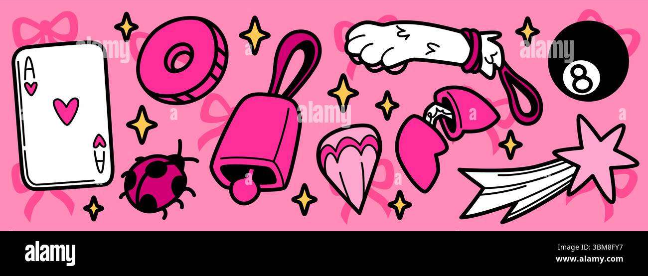 Glückskritzelsymbole auf rosa Hintergrund mit Bögen - Ass-Karte, Münze und Glocke, Marienkäfer, Glückskeks und Kaninchenfuß. Good Luck Charms Kollektion mit funkelnden Sternen für magische Kawaii Designs. Stock Vektor