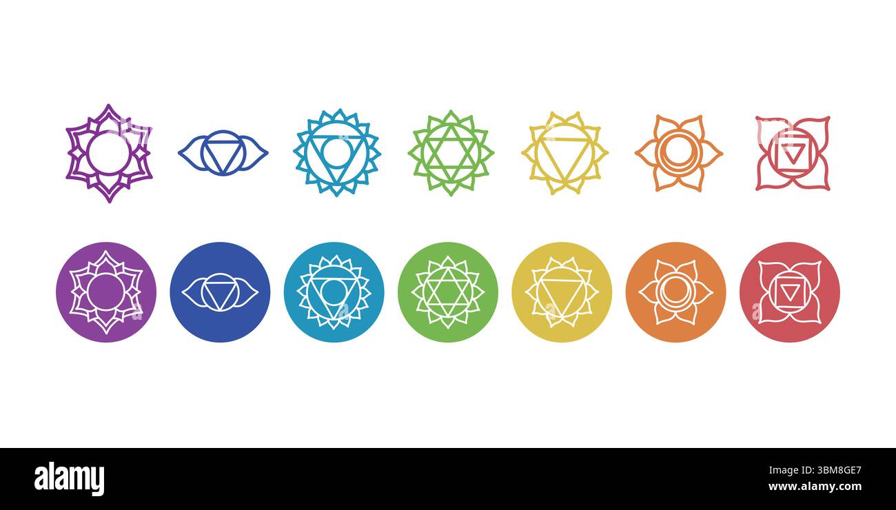 Chakras Set Symbol, Chakra Zeichen, Yoga Symbol, Meditation, spirituelle Symbole isoliert auf weißem Hintergrund. Charakterdarstellung von Hinduismus und Budd Stock Vektor
