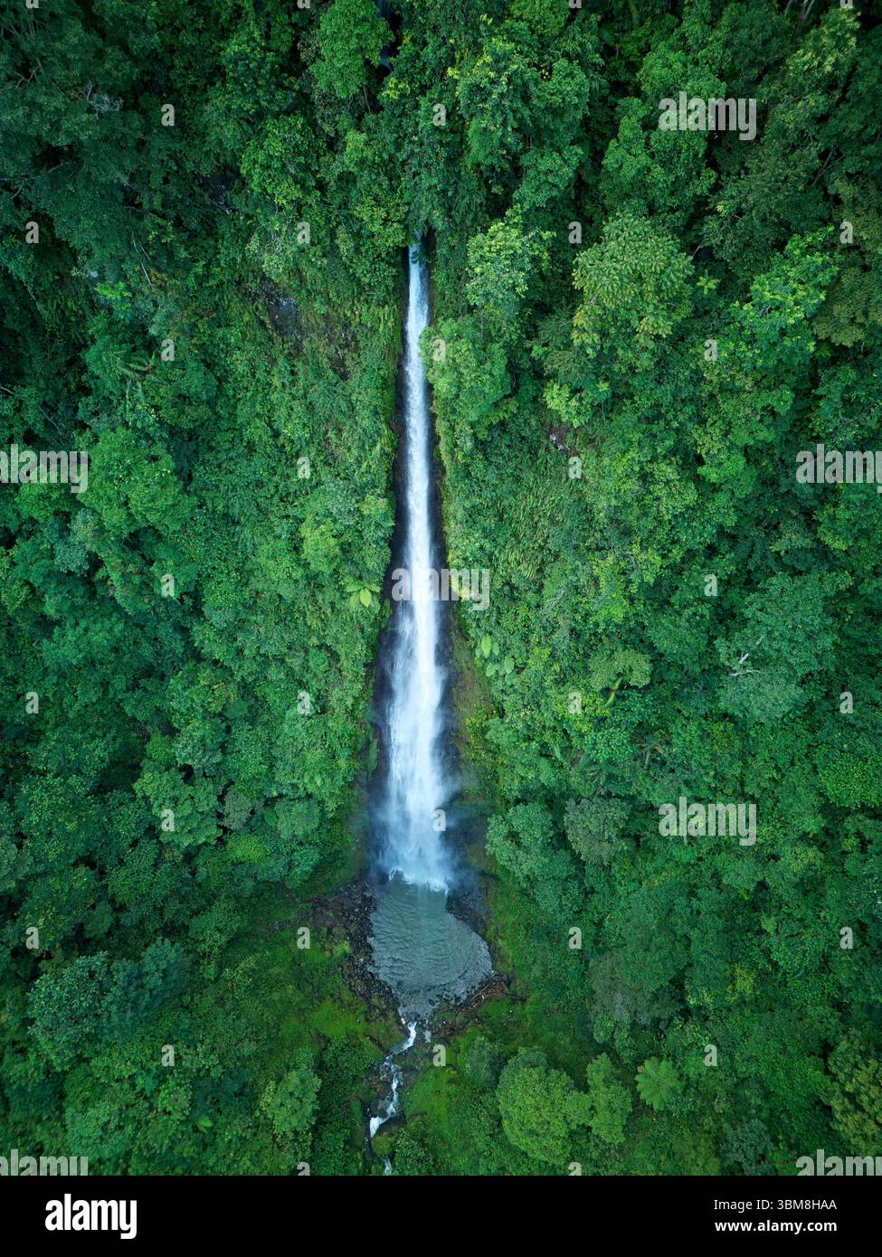 Wasserfall, der in den Glidik River unterhalb des Tumpak Sewu Wasserfalls mündet, Ost-Java, Indonesien - aus der Luft Stockfoto
