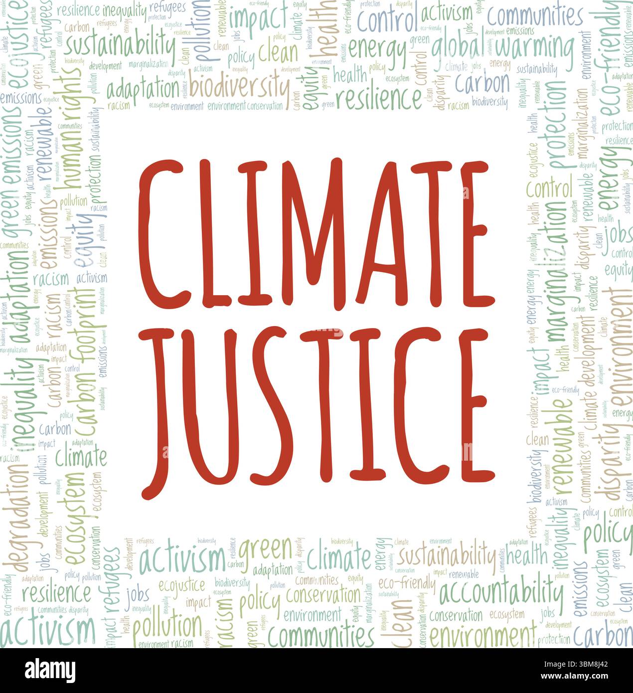 Klimagerechtigkeit Wortwolke konzeptionelles Design isoliert auf weißem Hintergrund. Stock Vektor