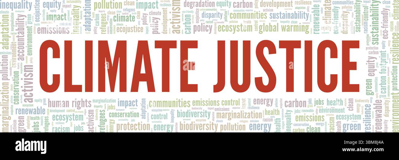 Klimagerechtigkeit Wortwolke konzeptionelles Design isoliert auf weißem Hintergrund. Stock Vektor