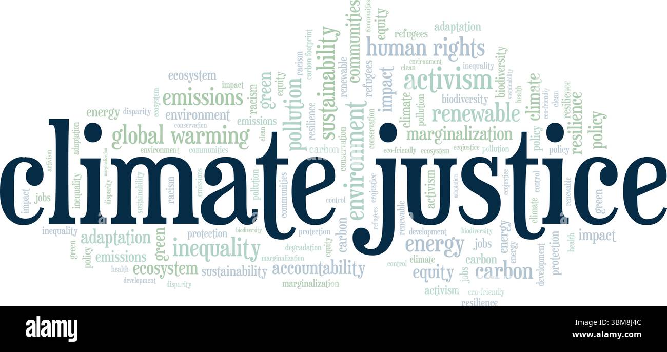 Klimagerechtigkeit Wortwolke konzeptionelles Design isoliert auf weißem Hintergrund. Stock Vektor