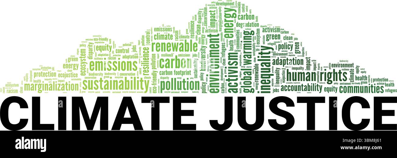 Klimagerechtigkeit Wortwolke konzeptionelles Design isoliert auf weißem Hintergrund. Stock Vektor