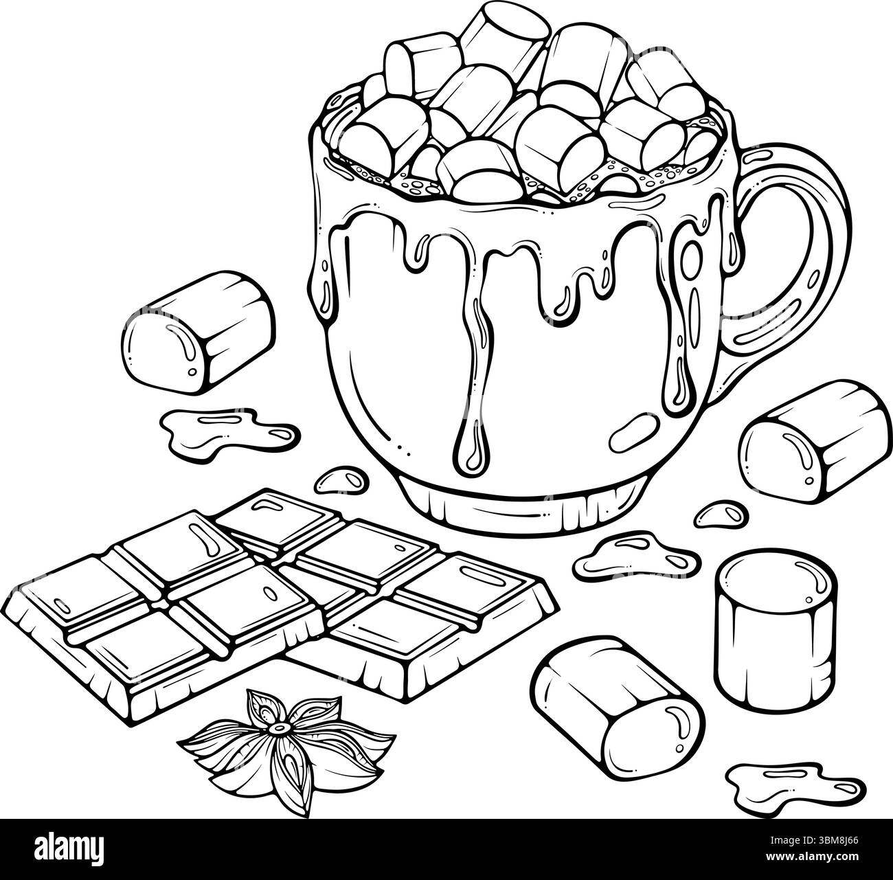 Heißer Kakao mit Marshmallows Line Art Stock Vektor