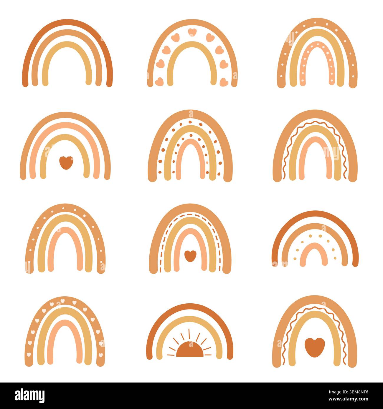 Set aus handgezeichneten dekorativen Regenbögen im Boho-Stil mit Herzpunkten und Sonnenformen in weichen Erdfarben Stock Vektor
