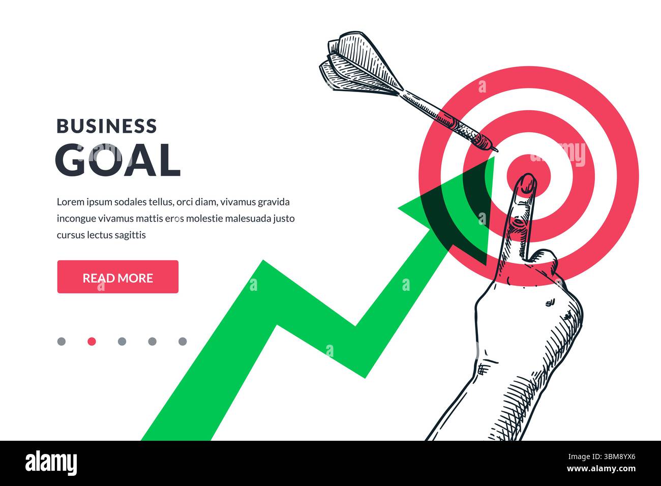 Hand zeigt mit dem Finger auf die Mitte des roten Ziels. Grüner Wachstumspfeil und Pfeil erreichen Bullseye. Vektor Hand gezeichnete Skizze Collage Illustration. Unternehmen g Stock Vektor