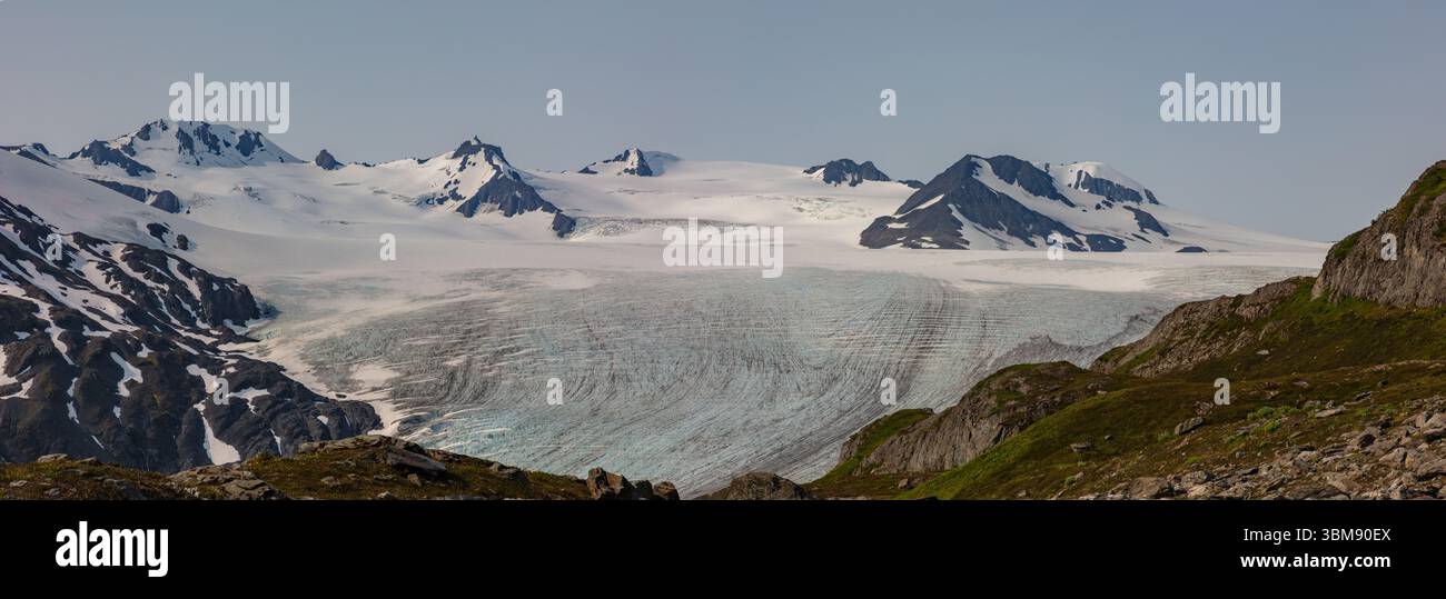 Panorama des Exit Glacier und des Harding Eisfeldes im Kenai Fjords National Park, Alaska. Stockfoto