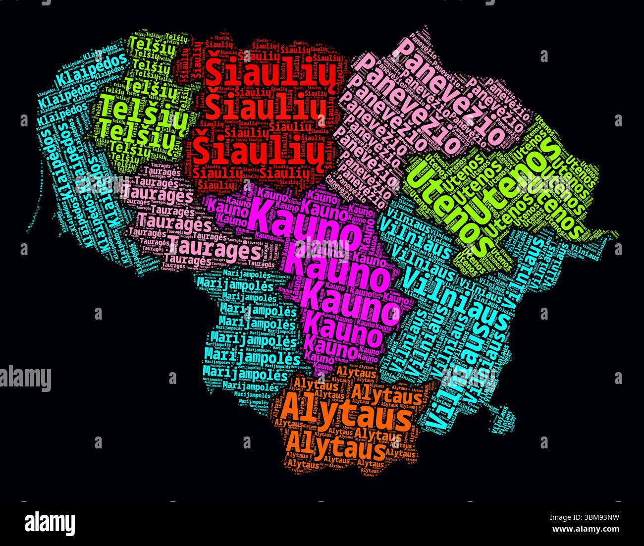Litauen Regionen Wortwolken. Helles Neondesign auf dunklem Hintergrund. Gebietsnamen des Landes in litauischer Sprache. Stock Vektor