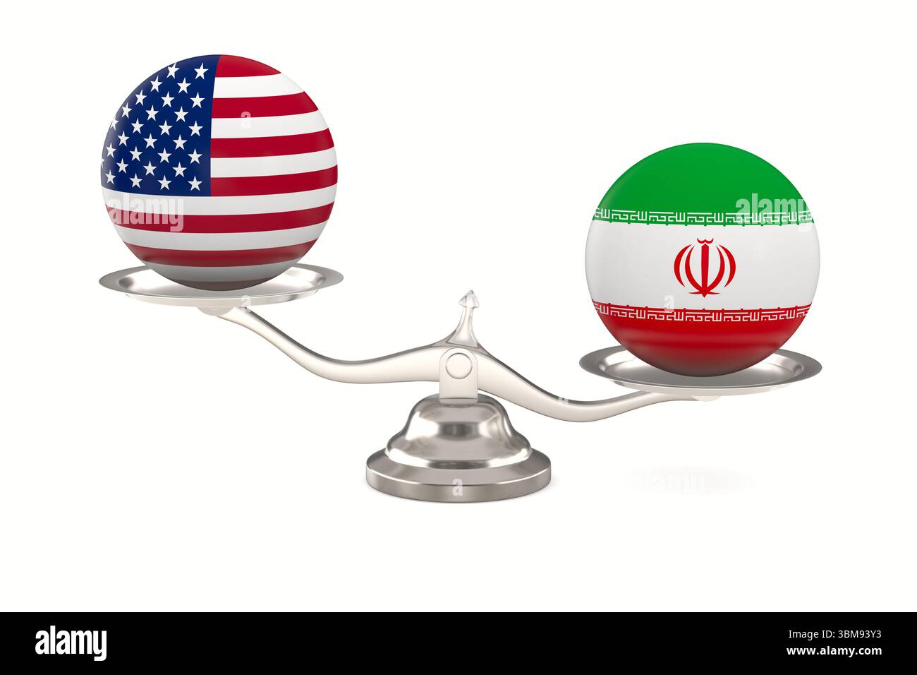 Zwei Bälle mit Flagge Amerika, Iran und Skala auf weißem Hintergrund. Isolierte 3D-Darstellung Stockfoto