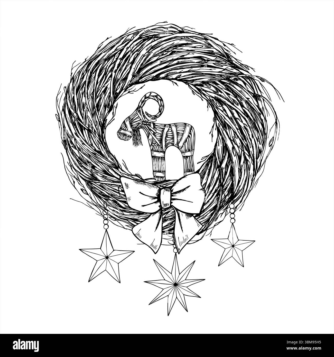 Traditioneller skandinavischer Yule-Kranz mit Birkenzweigen, Strohziege Herzstück und dekorative Sterne monochrome Vektor-Illustration. Für Nordische Länder Stock Vektor