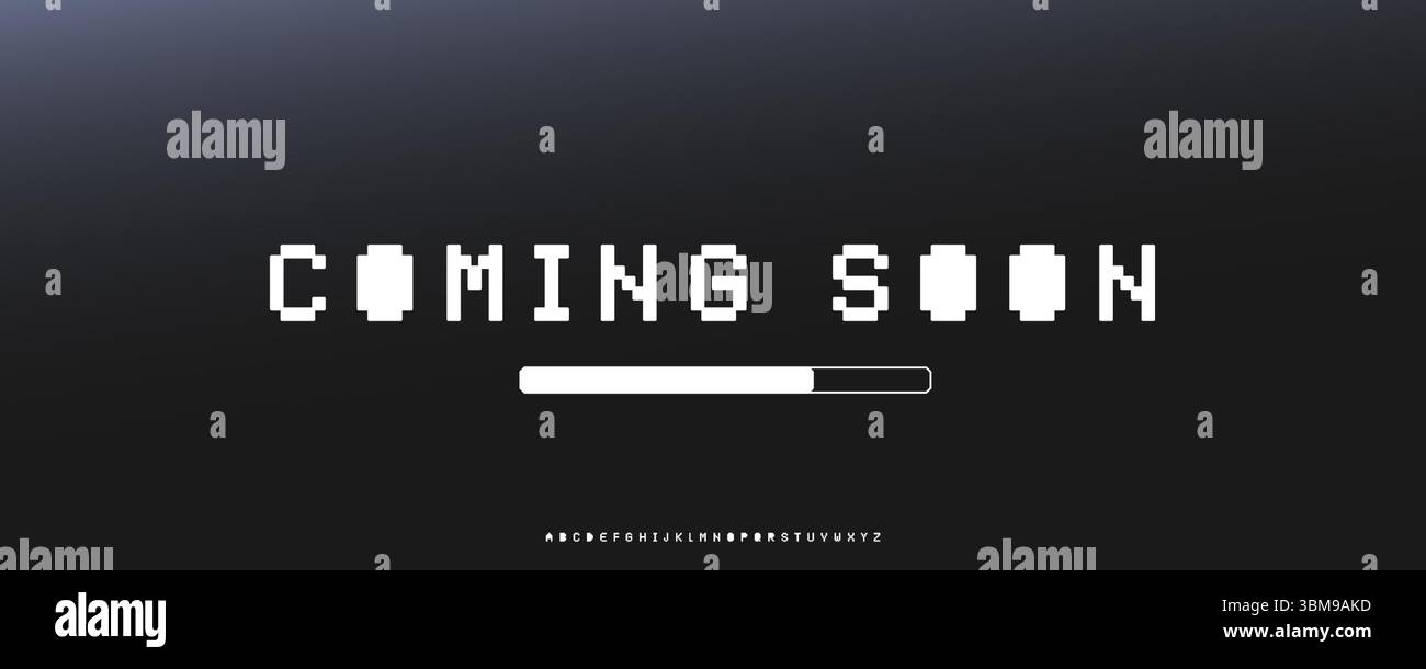 Blockige Pixelschrift für futuristische technische Banner, dunkle UI-Teaser, Produktzähler und digitale Startup-Poster. Starke Identität für visuelle Einführungen und Stock Vektor