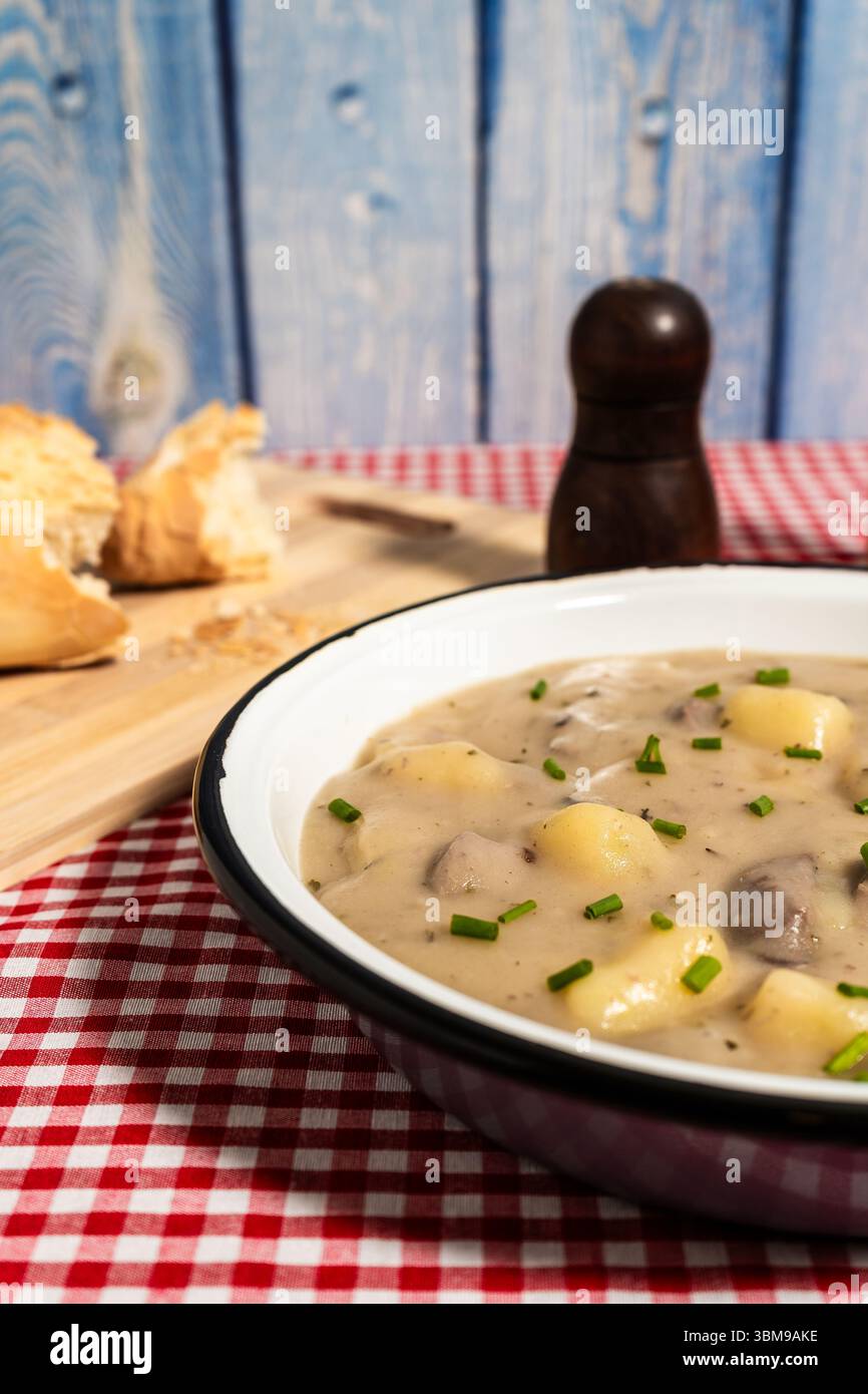 Pilzsuppe mit Kartoffeln und Schnittlauch, serviert in einer Schüssel auf einer karierten Tischdecke, perfekt für eine wohltuende Mahlzeit Stockfoto