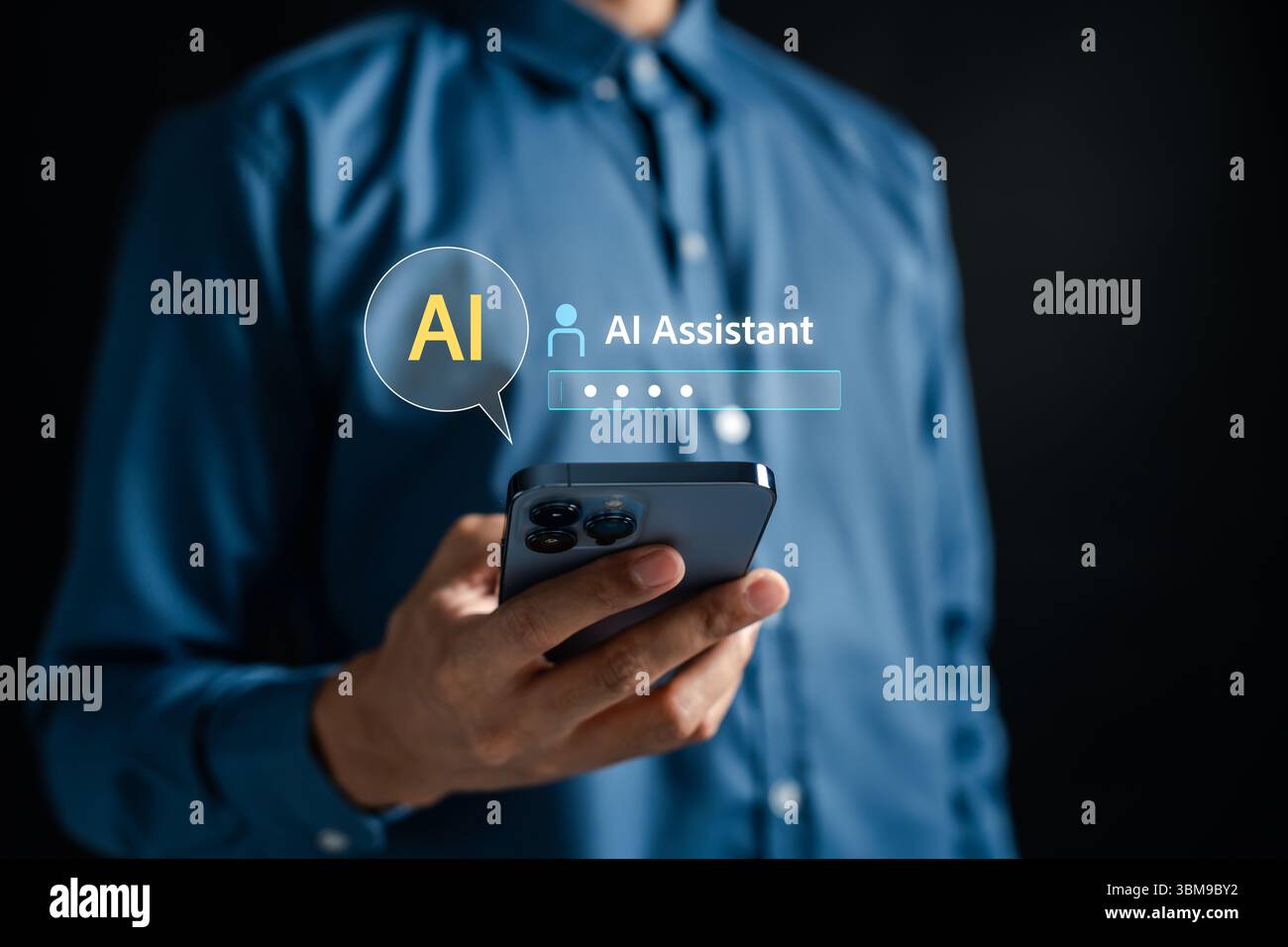 KI-Chatbot-Assistent-Technologie auf dem Smartphone. Intelligentes Kommunikationstool für digitale Interaktion, virtuelle Gespräche und automatisierten Kundensupport Stockfoto