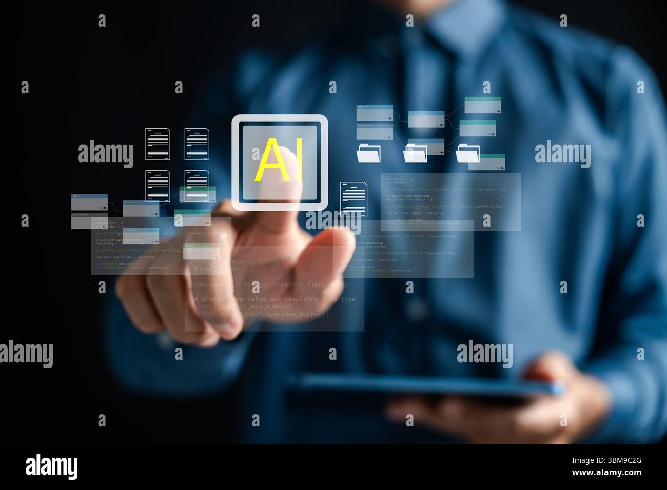 KI-Technologie zur Automatisierung des Schreibens von Dokumenten, der Datenstruktur und des digitalen Workflowprozesses. Intelligente Automatisierung, Büroproduktivität und intelligente Dateiverwaltung Stockfoto