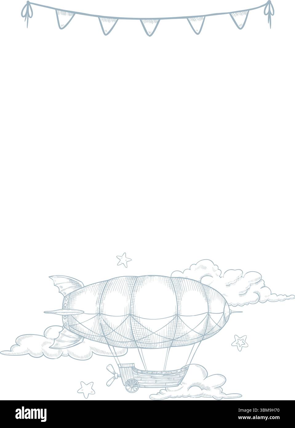 Vertikale Vektor-Illustration eines Vintage-dirigiablen zwischen Wolken und Girlanden. Lineare Zeichnung eines Vintage-Luftschiffes mit Sternen für Babyplakate in pastellblauen Farben. Die Kunst des Retro-Blimp. Stock Vektor
