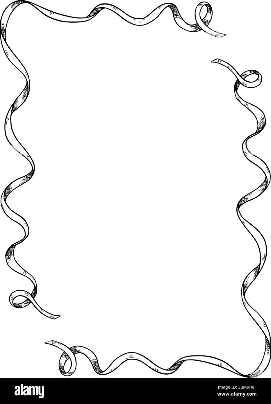 Vektor-Illustration des Vektor-Rahmens mit gewellten Hand gezeichneten Bändern für Baby-Dusche-Grußkarten oder Hochzeitseinladungen. Umrisszeichnung der Vorlage für stationär. Innenrahmen im Vintage-Stil. Stock Vektor