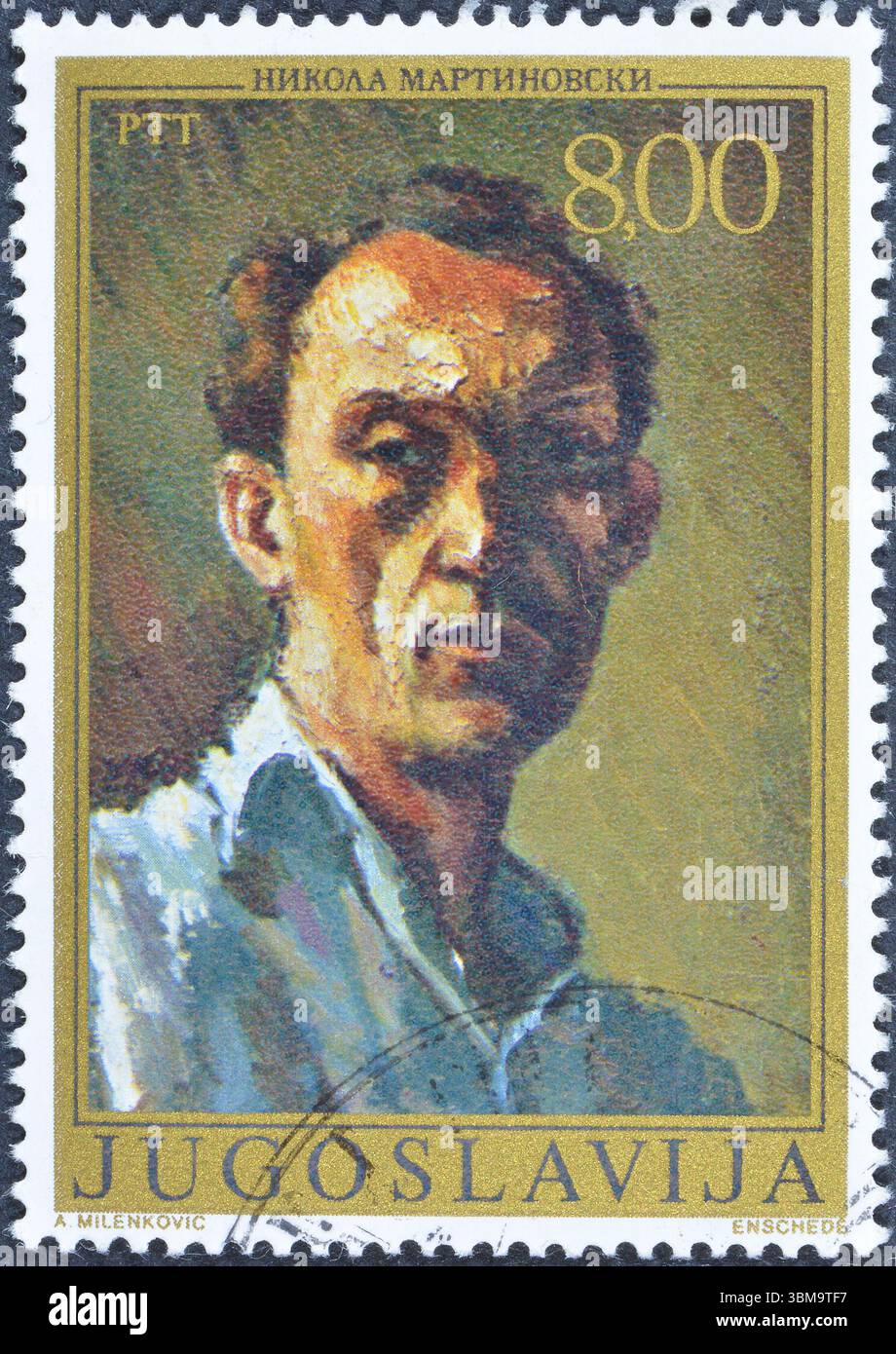 Von Jugoslawien gedruckte gestempelte Briefmarke, die das Selbstporträt von Nikola Martinovski (1903-73) zeigt, um 1977. Stockfoto