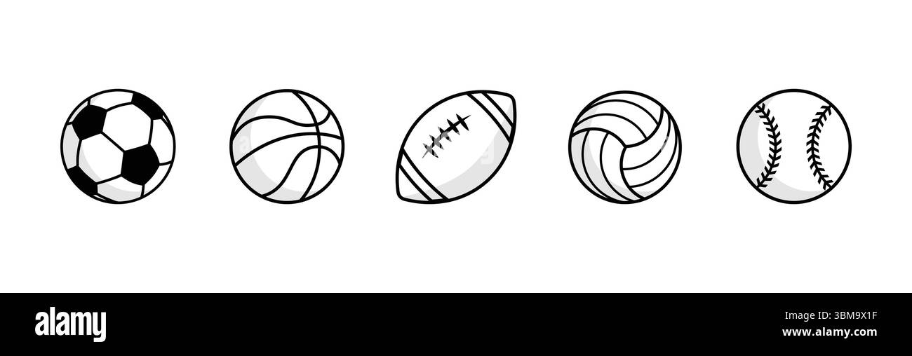 Sportbälle Minimal Flat Line Vektor-Symbolsatz. Fußball, Fußball, Tennis, Bowling, Basketball, Volleyball, Baseball Stock Vektor