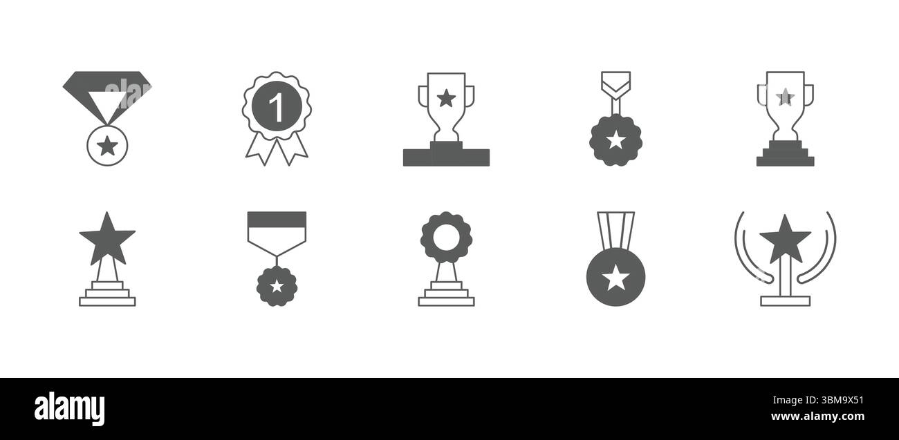 Symbole für Prämienpositionen festgelegt. Trophäenbecher, Medaille, Symbol für den Siegerpreis. Vektorabbildung. Stock Vektor