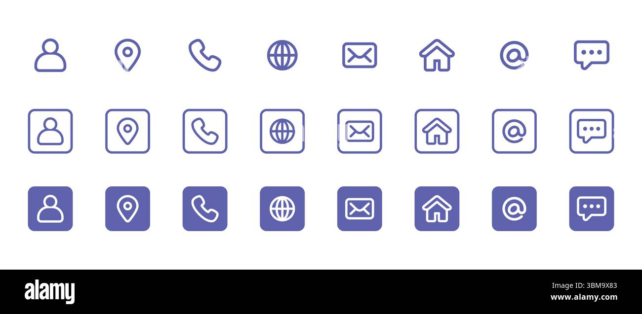 Symbolgruppe „Kontakt“. Visitenkarte, mit Benutzer, Telefon, Website, Standort, Adresse, Telefon, Post, Fax, Symbolzeichen für Apps und Websites, Stock Vektor