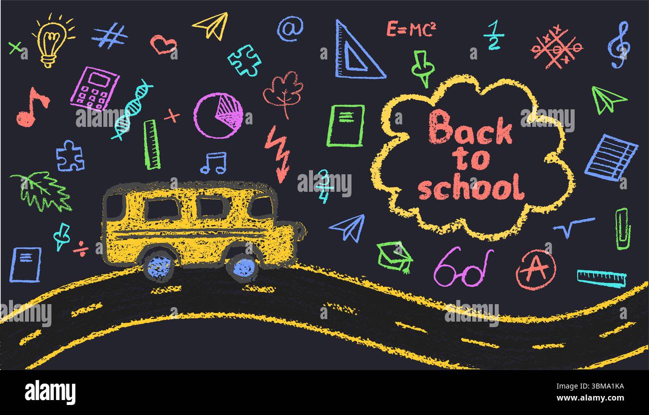 Ein gelber Bus auf einer gekrümmten Straße. Back-to-School-Artikel-Schild mit Schnitzel-Titel und Kindergartenartikel für Kinder im Grunge-Design. Farbenfroher Vektor Stock Vektor