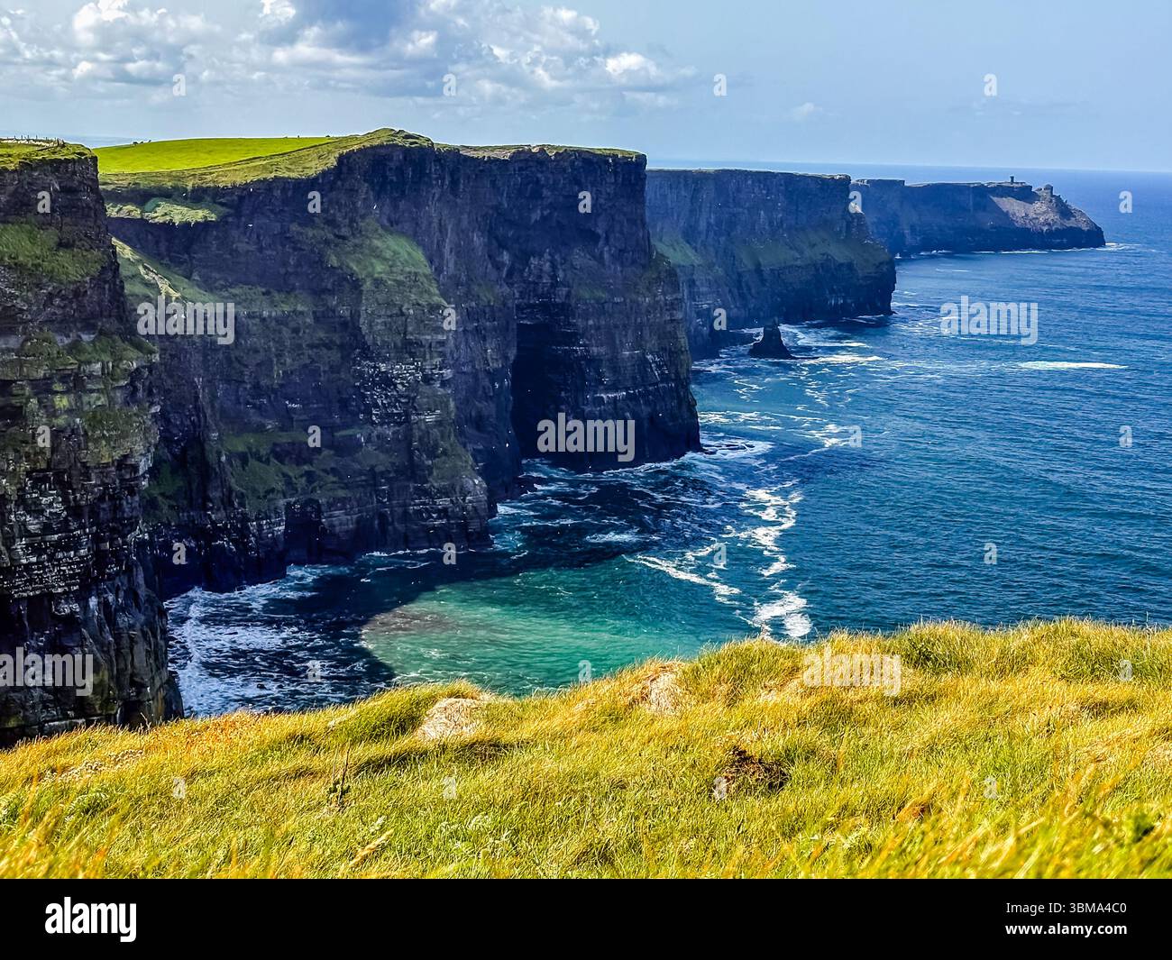Cliffs of Moher. Dramatische Klippen entlang der Atlantikküste Irlands mit grünem Gras im Vordergrund. Landschaftliches Wahrzeichen. Stockfoto