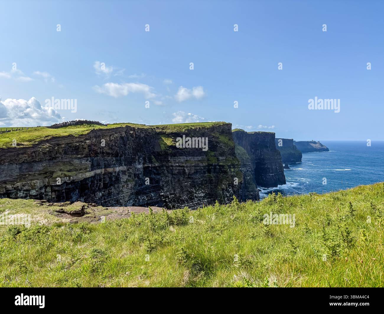 Cliffs of Moher. Dramatische Küstenklippen mit Blick auf den Atlantischen Ozean mit grünem Gras im Vordergrund. Malerische Naturlandschaft. Stockfoto